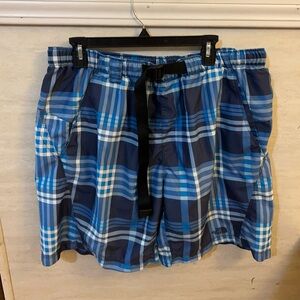 The North Face Navy and Light Blue Plaid Swim Shorts